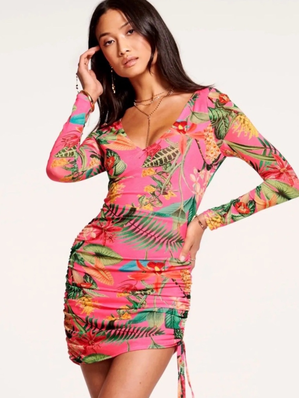 Ramy Brook Pink Tropical-Print Long Sleeve Ruched Bodycon Dress Sz XS 🌺 $395